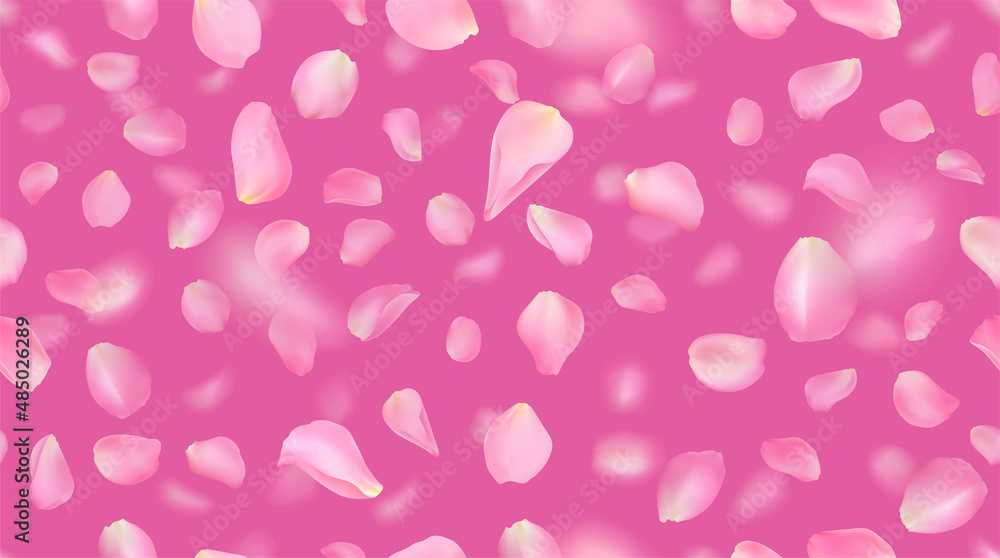 Seamless pattern with realistic flying pink rose petals on bright background. Repeating texture with voluminous blurred falling sakura petal. Vector illustration with blur effect.