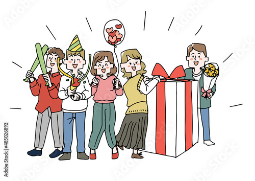 お誕生日を祝う人々　コミカルな手書きの人物イラスト　ベクター線画にシンプルな色つけ　白バック