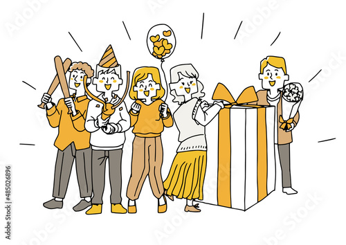お誕生日を祝う人々　コミカルな手書きの人物イラスト　ベクター線画にシンプルな色つけ　白バック