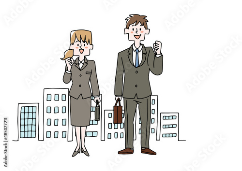 ビル街でガッツポーズをするビジネスマン　コミカルな手書きの人物イラスト　ベクター線画にシンプルな色