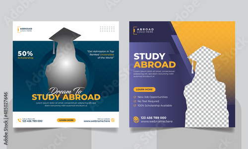 Study abroad social media post or higher education social media web banner square flyer template set.