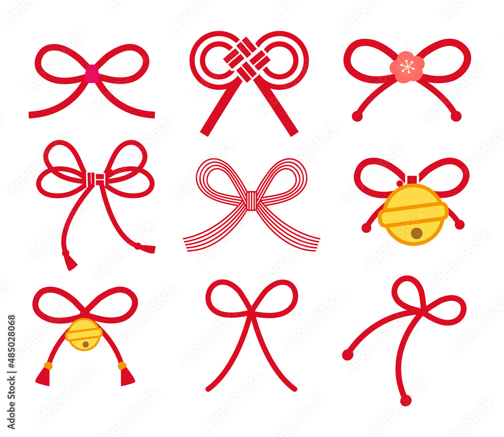 Handwriting. Illustration of Japanese Mizuhiki. Simple and flat. Material set. Handwriting. Illustration of Japanese Mizuhiki. Simple and flat. Material set.