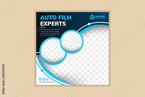 abstract social media post banner template design use headline is auto film experts. square layout with space for photo collage and text. dark blue background with white and blue color on elements