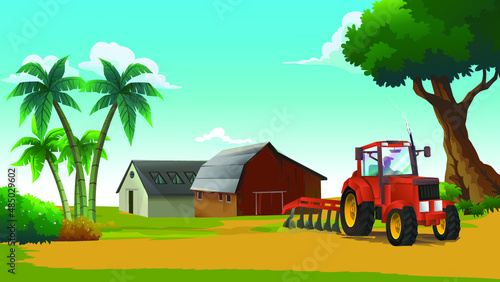 Indian house farmer with tractor blue sky old village house 
