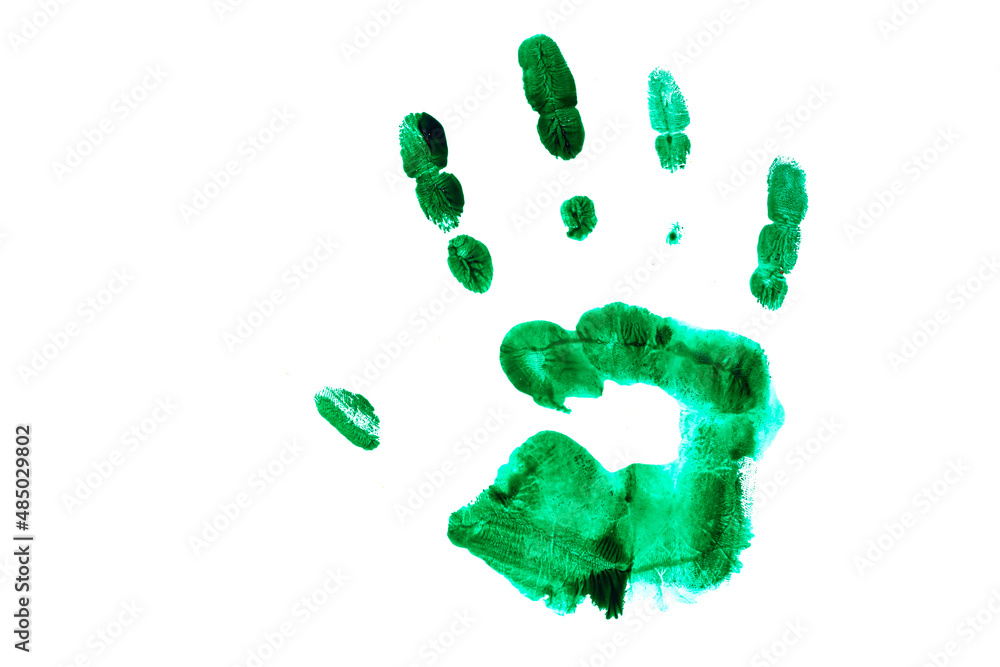 Green hand print of a child isolated on white background. Watercolor paints. Children paint traces from hands and fingers. Paint abstraction Green hand print of a child isolated on white background. Watercolor paints. Children paint traces from hands and fingers. Paint abstraction