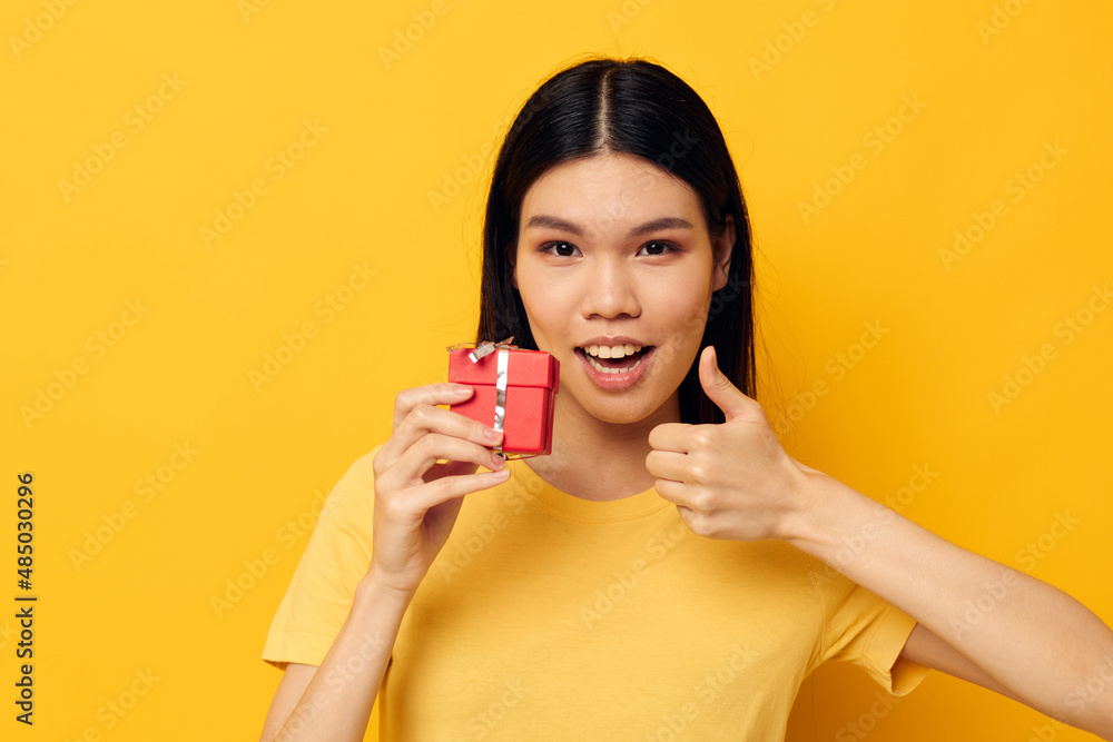 Portrait Asian beautiful young woman Little red gift box fun Lifestyle unaltered Portrait Asian beautiful young woman Little red gift box fun Lifestyle unaltered