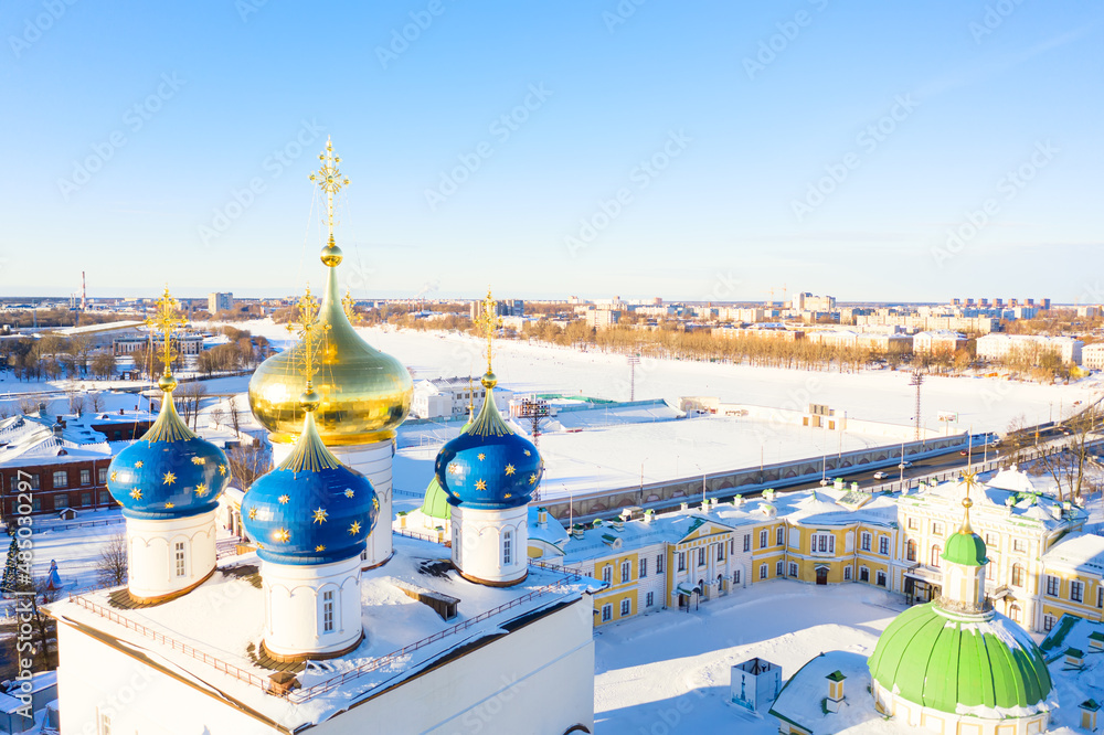 Aerial drone view of Spaso-Preobrazhenskiy transfiguration Cathedral with Volga river in Tver, Russia. Russian winter landscape.