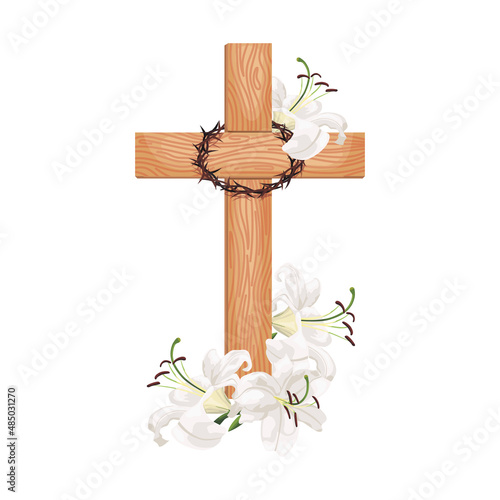 Cross with lilies isolated on white background. Religious symbols wooden cross, white lily and crown of thorns.