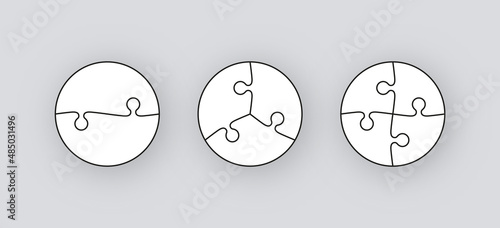 Puzzle pieces. Round jigsaw grid. Thinking mosaic game with 2, 3 and 4 shapes. Simple background with separate details. Circular laser cut frame. Vector illustration.