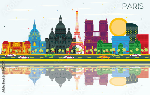 Canvas Print Paris France City Skyline with Color Buildings, Blue Sky and Reflections