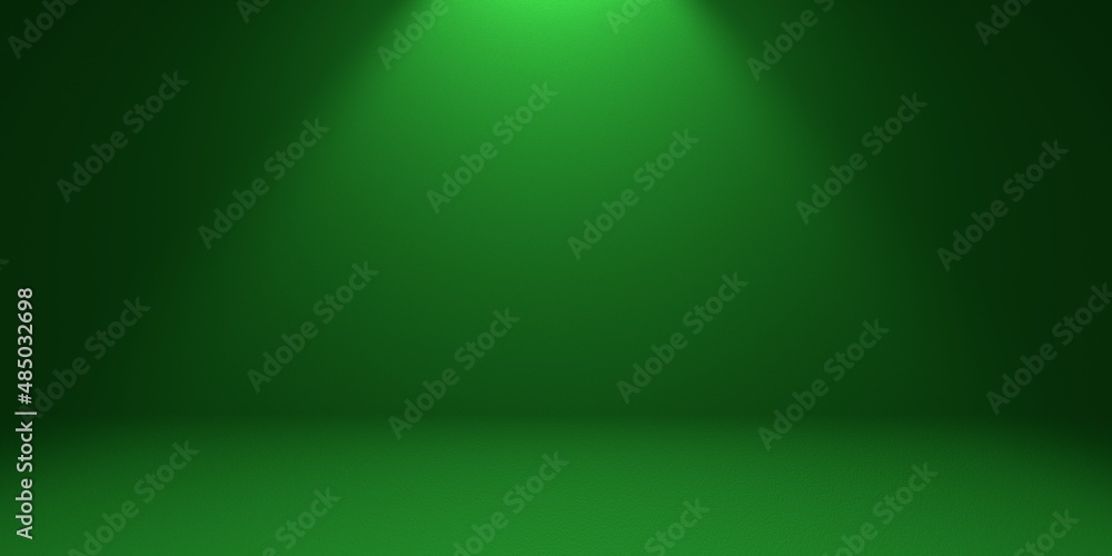 Green empty background with studio spotlight on top in the form of a cone with darkened edges. 3d render