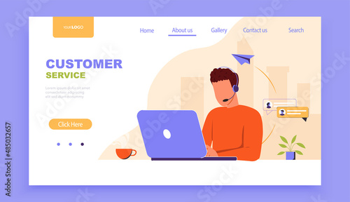 Customer service landing page template. Woman with headphones and microphone with laptop. Concept illustration for online global technical support, help, hotline, call center. Flat vector illustration