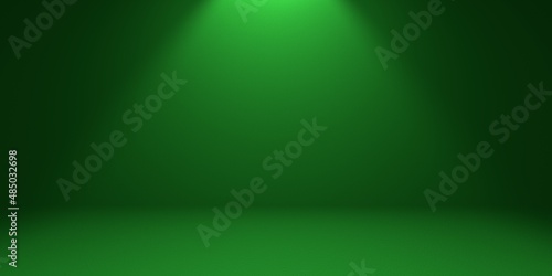 Green empty background with studio spotlight on top in the form of a cone with darkened edges. 3d render