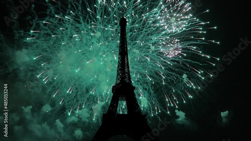 Celebratory colorful fireworks over the Eiffel Tower in Paris, France photo