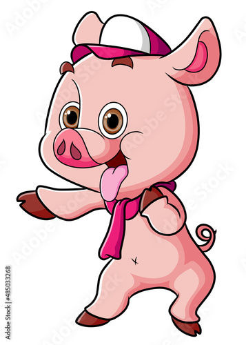 The cool pig is wearing a cap and scarf while taunting