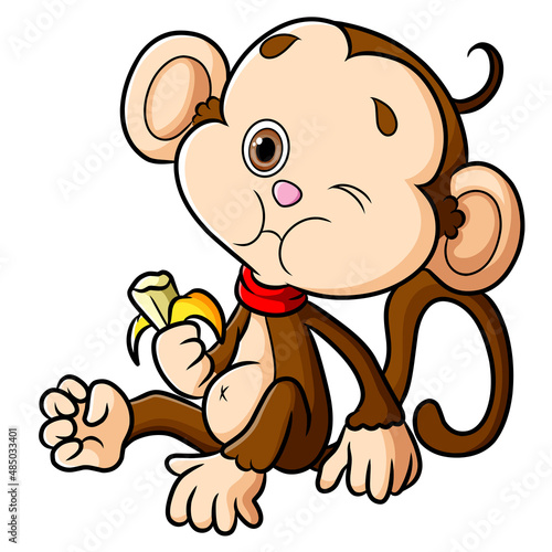 The full monkey is eating banana too much while sitting
