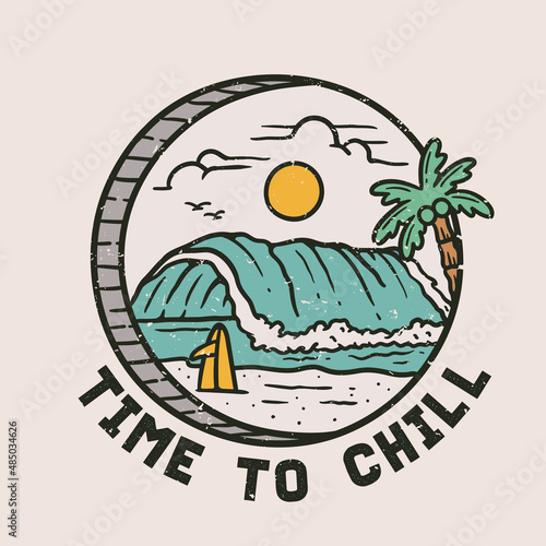 hand drawn beach scenery illustration in vintage style with slogan