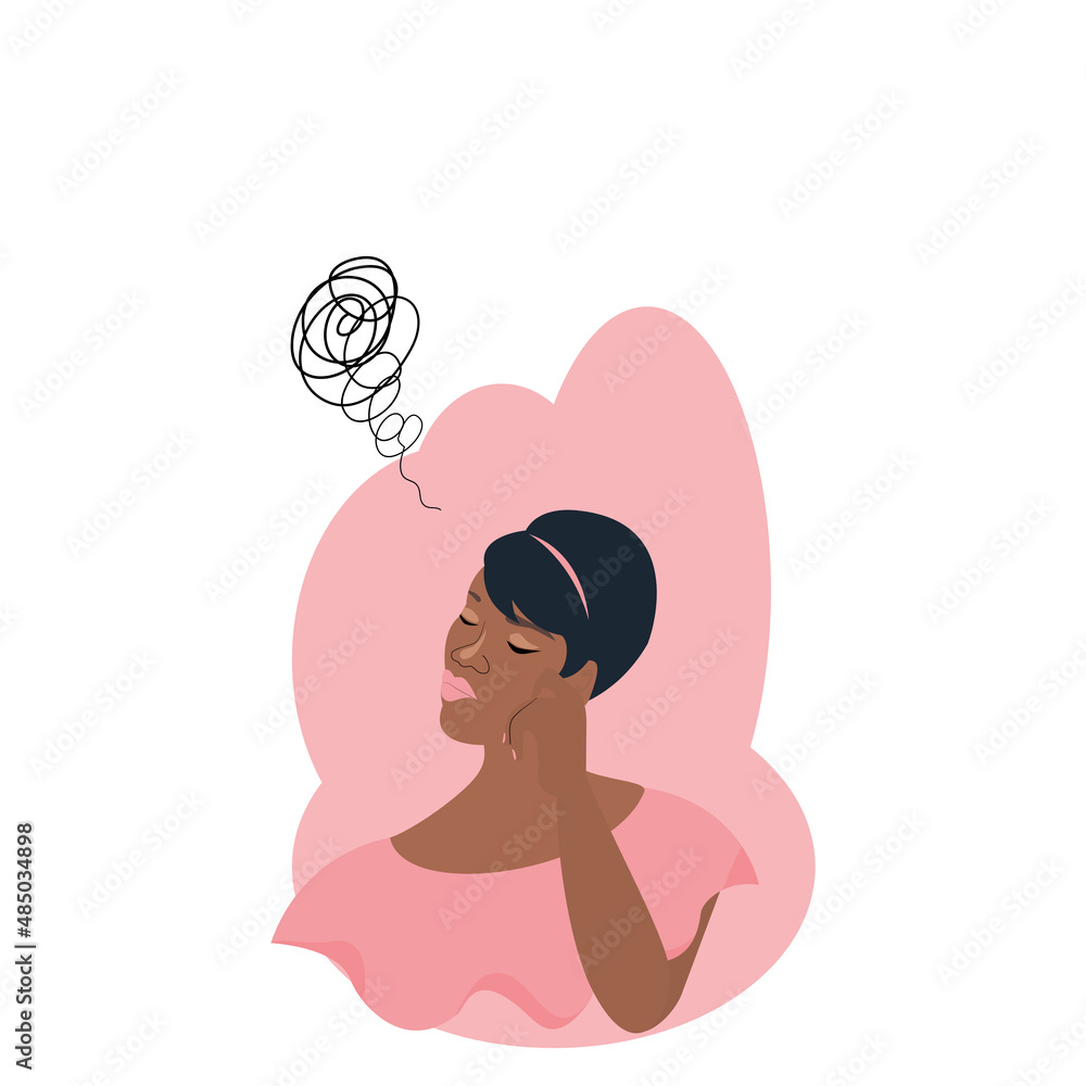 Beautiful Black woman short hair sitting with chin contemplating.Alone woman is Sitting and thinking on pink background. Vector isolate flat design concept for Psychology, unhappy,depression,bad mood. Beautiful Black woman short hair sitting with chin contemplating.Alone woman is Sitting and thinking on pink background. Vector isolate flat design concept for Psychology, unhappy,depression,bad mood.