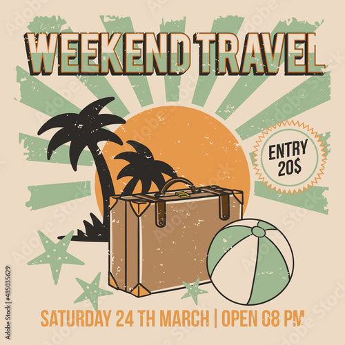 holiday flyer or poster template with ball suitcase object and coconut tree