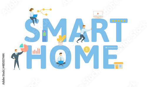 Smart Home. Concept with keyword, people and icons. Flat vector illustration. Isolated on white.