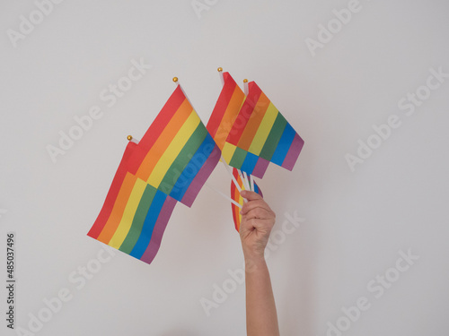 young woman with rainbow ribbon wristband on her hand holding lgbt colorful rainbow flag