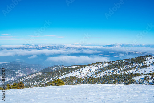 Scenic views from Salda lake with snow at the Salda ski center which is famous with lake which has white sand, glassy turquoise water. 