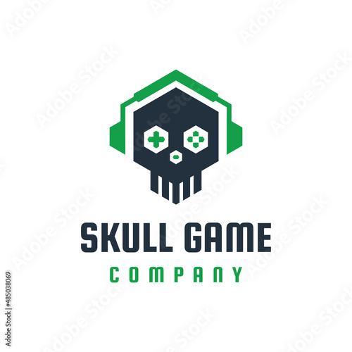Skull game gamer team emblem logo vector with controller joystick and headset headphone