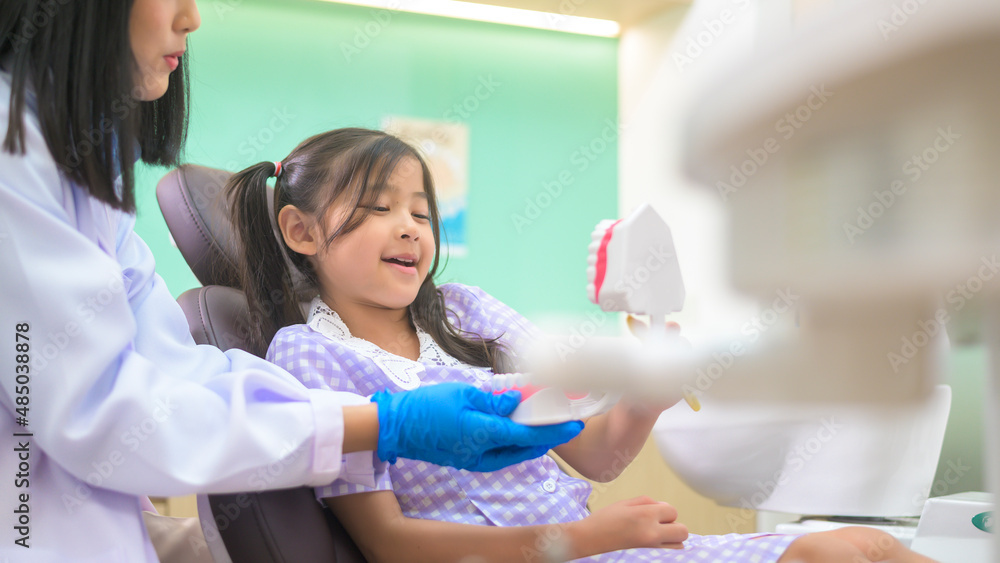 Female dentist demonstrating how to brush teeth to a little girl in dental clinic, teeth check-up and Healthy teeth concept Female dentist demonstrating how to brush teeth to a little girl in dental clinic, teeth check-up and Healthy teeth concept