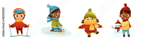 Children are engaged in winter activities on the street on a white background. Sledding, skiing, making a snowman, walking. Vector illustration for designs, prints and patterns. Vector illustration