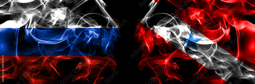 Russia, Russian vs Brazil, Brazilian, Para flags. Smoke flag placed side by side isolated on black background