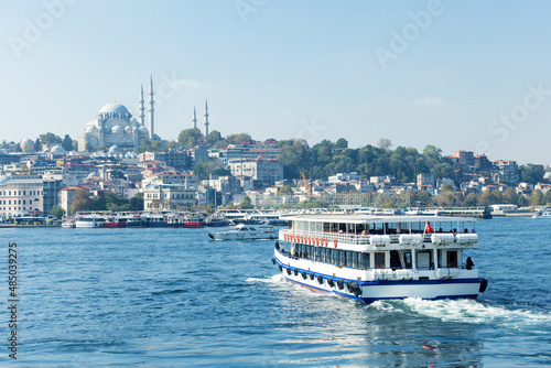 Touristic sightseeing ships in Golden Horn bay of Istanbul, Turkey.