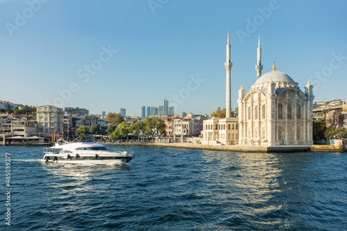 View on the Ortakoy Mosque or the Grand Imperial Mosque of Sultan Abdulmecid, Istanbul, Turkey.