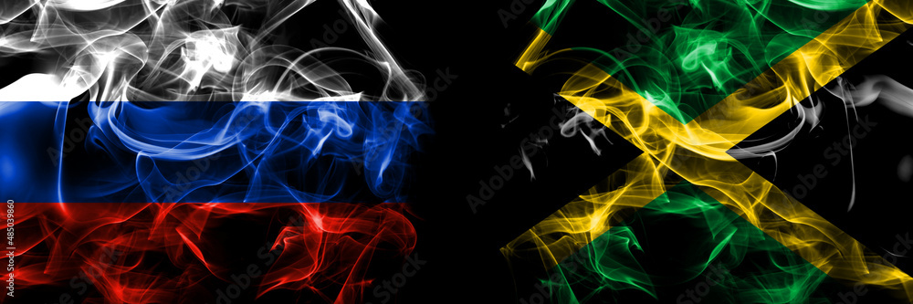 Russia, Russian vs Jamaica, Jamaican flags. Smoke flag placed side by side isolated on black background