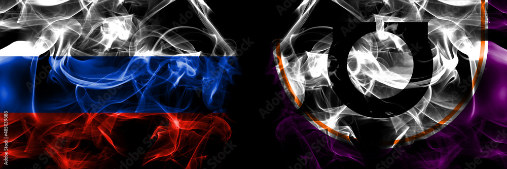 Russia, Russian vs Japan, Japanese, Bibai, Hokkaido, Sorachi, Subprefecture flags. Smoke flag placed side by side isolated on black background