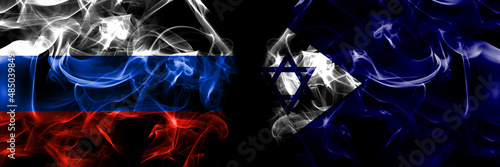 Russia, Russian vs Israel, Naval Ensign flags. Smoke flag placed side by side isolated on black background