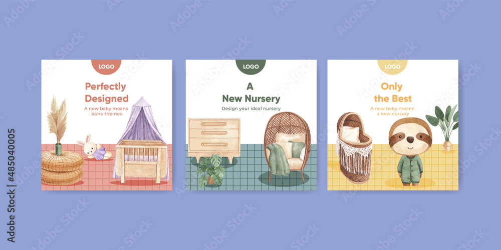 Banner template with very peri boho nursery concept,watercolor style