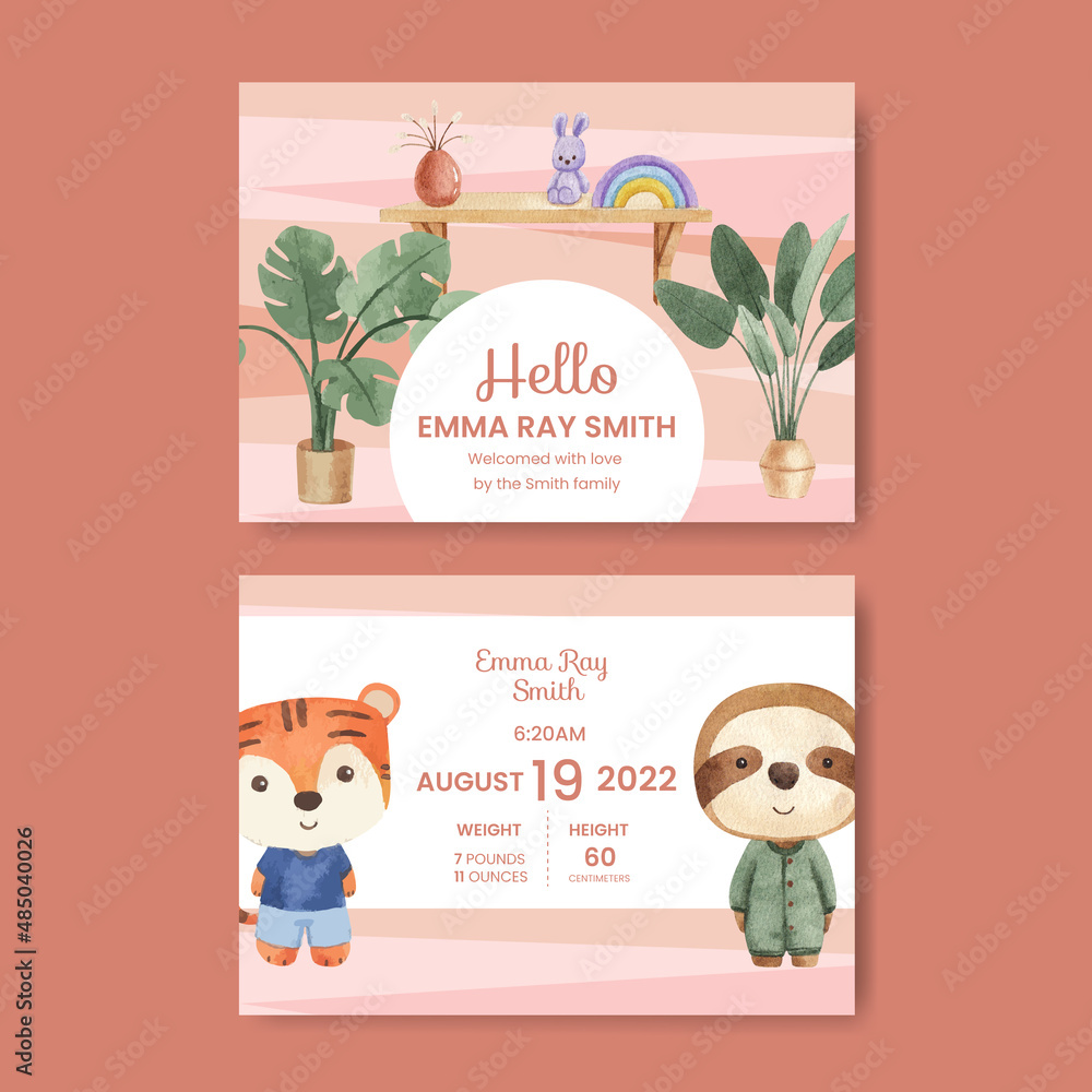 Stats card template with very peri boho nursery concept,watercolor style