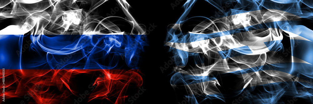 Russia, Russian vs Japan, Japanese, Hyogo Prefecture flags. Smoke flag placed side by side isolated on black background