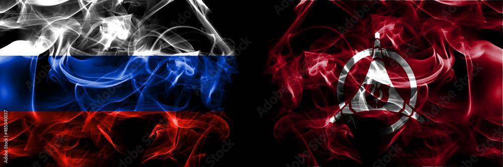 Russia, Russian vs Japan, Japanese, Ikeda, Hokkaido, Tokachi, Subprefecture flags. Smoke flag placed side by side isolated on black background