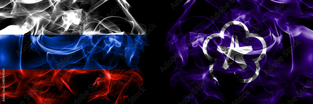Russia, Russian vs Japan, Japanese, Kitakyushu, Fukuoka flags. Smoke flag placed side by side isolated on black background