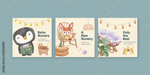 Banner template with very peri boho nursery concept,watercolor style