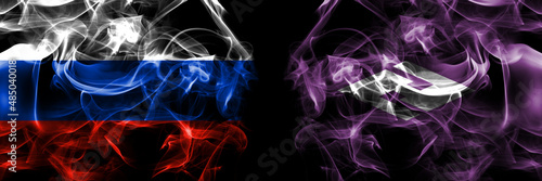 Russia, Russian vs Japan, Japanese, Hokuryu, Hokkaido, Sorachi, Subprefecture flags. Smoke flag placed side by side isolated on black background