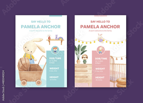 Stats card template with very peri boho nursery concept,watercolor style