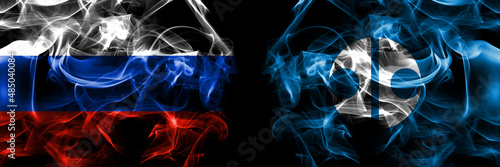 Russia, Russian vs Japan, Japanese, Kitami, Hokkaido, Okhotsk, Subprefecture flags. Smoke flag placed side by side isolated on black background