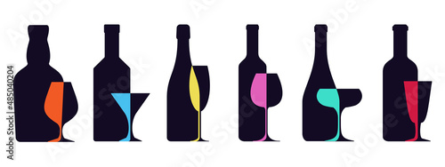 different bottles and wine glasses, a set of icons.