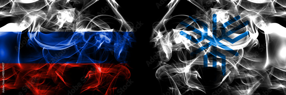 Russia, Russian vs Japan, Japanese, Sakai, Osaka flags. Smoke flag placed side by side isolated on black background