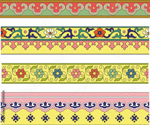 Vector set of seamless colored Chinese ornaments. Borders, frames, patterns of the peoples of the East, Asia, Taiwan, Hong Kong, Korea, Japan, Indonesia.

