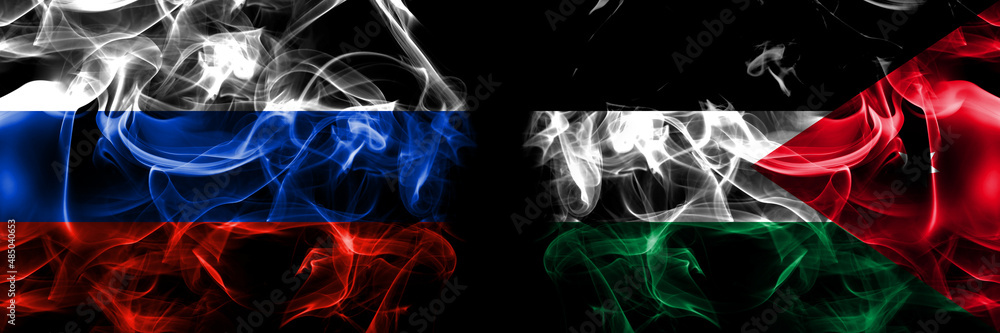 Obraz premium Russia, Russian vs Jordan, Jordanian flags. Smoke flag placed side by side isolated on black background