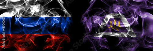 Russia, Russian vs Japan, Japanese, Yamanashi Prefecture flags. Smoke flag placed side by side isolated on black background