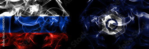 Russia  Russian vs Japan  Japanese  Yubari  Hokkaido  Sorachi  Subprefecture flags. Smoke flag placed side by side isolated on black background